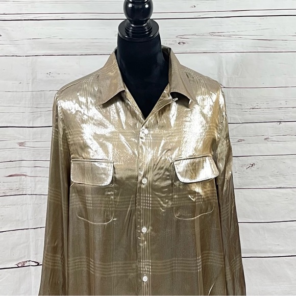 Ralph Lauren Purple Label Shirt Womens Size 10 Taupe Sequin Plaid Silk Blend - Picture 2 of 14